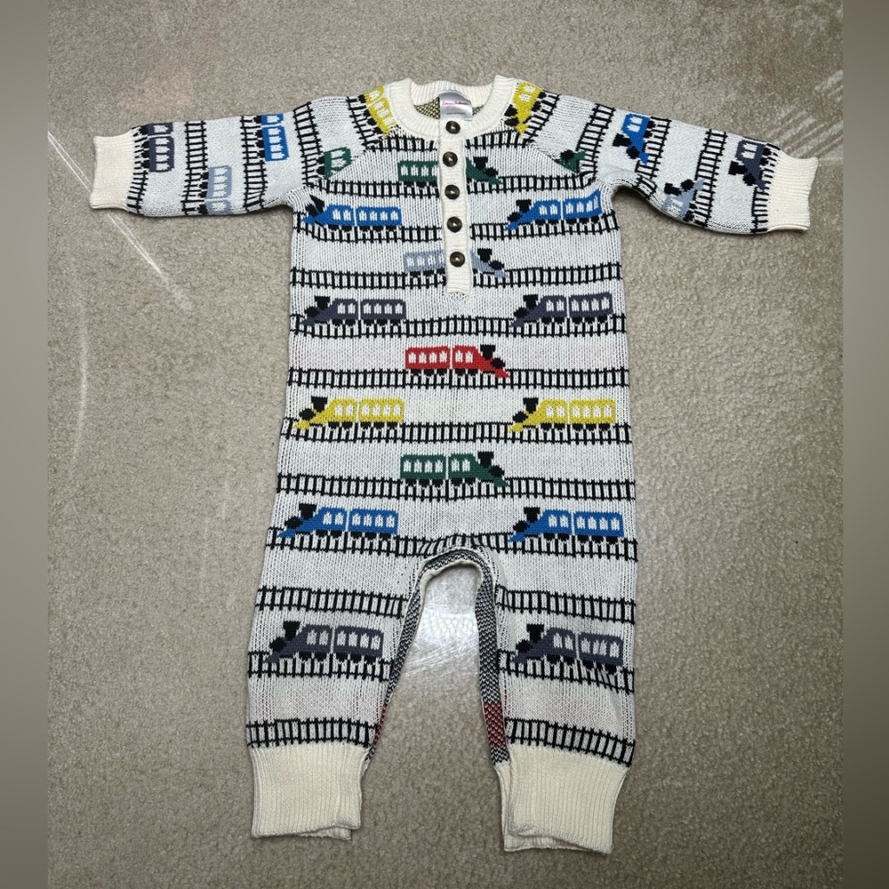 HANNA ANDERSSON TRAIN PRINT INFANT BABY SWEATER ROMPER 12-18 MOS 75 CM NWOT
